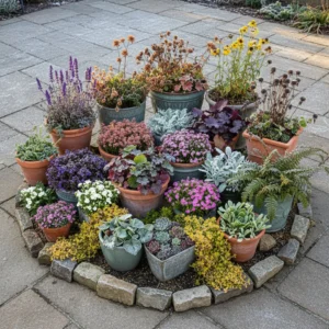 Kafelek: byliny mrozoodporne w donicach – żagwin, floks, rozchodniki i rojniki, jeżówki, szałwia, żurawki, hosty, paprocie.