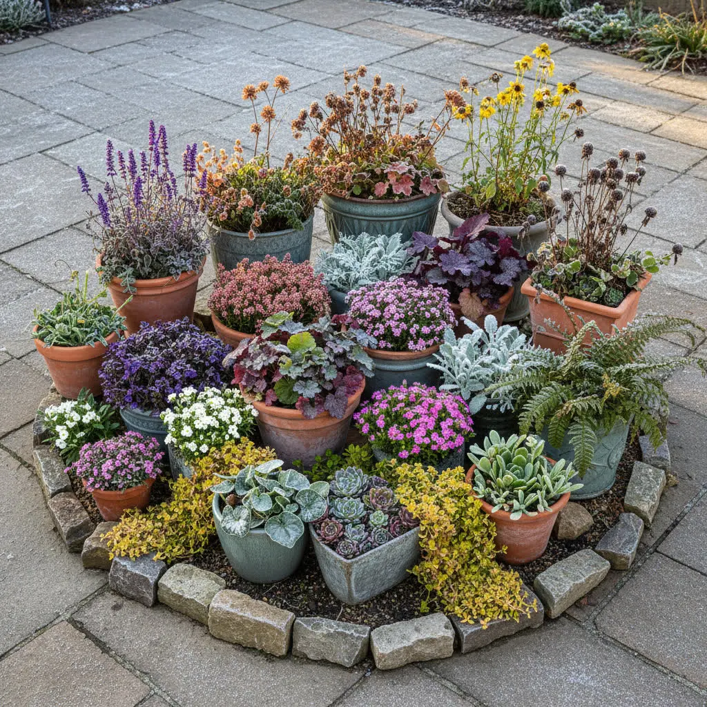 Kafelek: byliny mrozoodporne w donicach – żagwin, floks, rozchodniki i rojniki, jeżówki, szałwia, żurawki, hosty, paprocie.