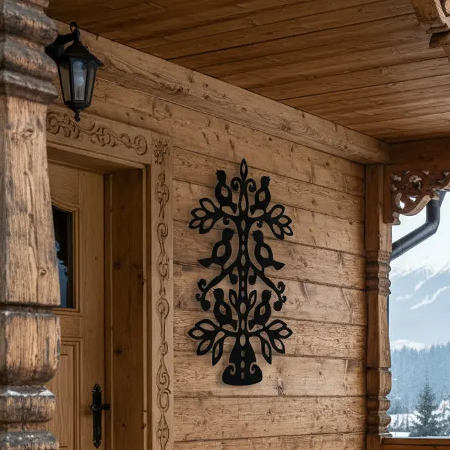 metalowa dekoracja ścienna przedstawiająca ptaki siedzące na drzewie, czarna stal wycinana laserowo w stylu góralskim