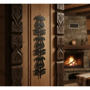 metalowa dekoracja ścienna w formie pionowego pasa kwiatowego, czarna stal wycinana laserowo, styl góralski