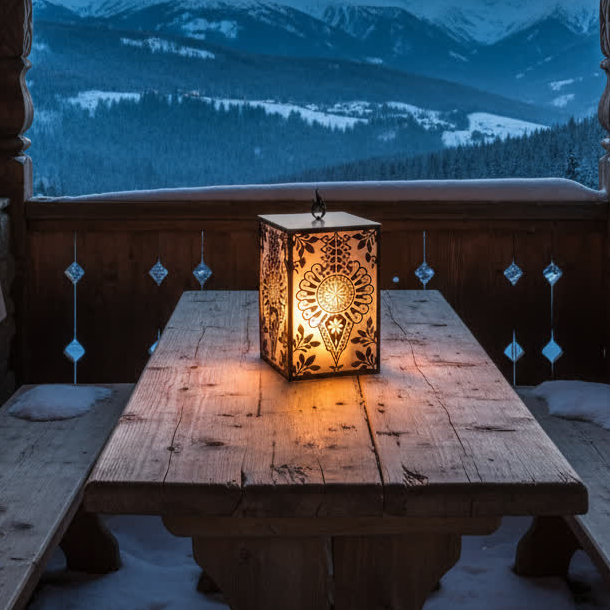 metalowy lampion z motywem parzenicy w stylu góralskim, czarny z podświetleniem