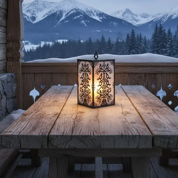 metalowy lampion z ażurowym wzorem ptaków w stylu ludowym, czarny z ciepłym podświetleniem