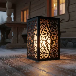 metalowy lampion z motywem serca i parzenicy w stylu góralskim, czarny z ciepłym światłem