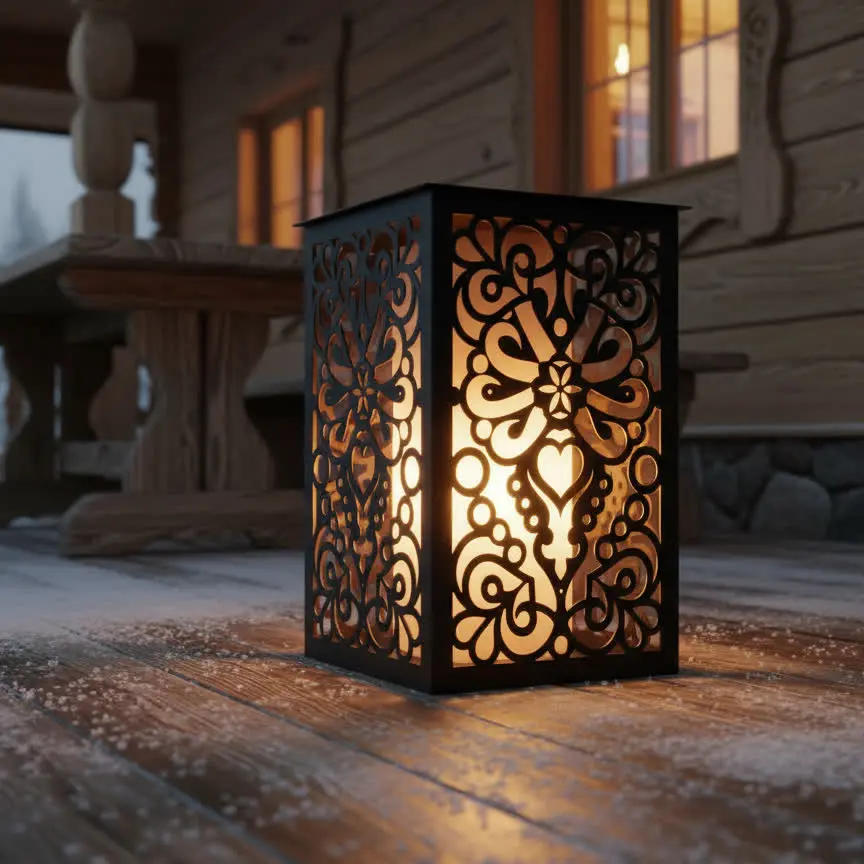 metalowy lampion z motywem serca i parzenicy w stylu góralskim, czarny z ciepłym światłem