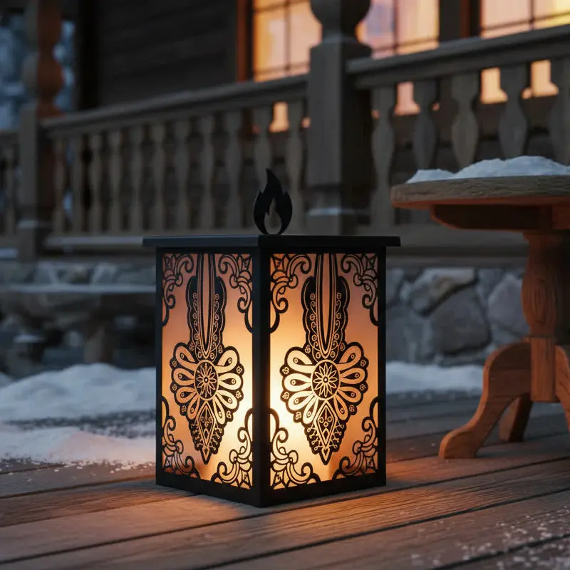 metalowy lampion w stylu zakopiańskim z pionowym wzorem parzenicy i ozdobnym płomieniem na szczycie