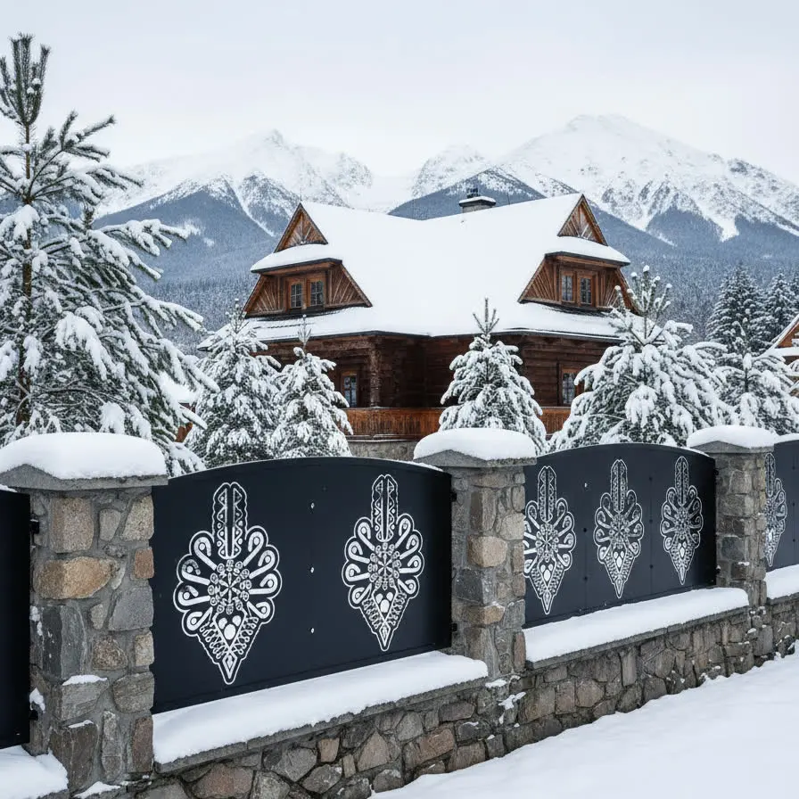 panel ogrodzeniowy z metalu z wyciętym wzorem parzenicy w stylu góralskim, czarny panel na kamiennym murku w zimowej scenerii