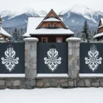 panel ogrodzeniowy z metalu z wyciętym wzorem inspirowanym góralskim ornamentem, czarny panel na kamiennym murku