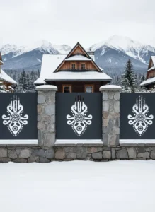 panel ogrodzeniowy z metalu z wyciętym wzorem inspirowanym góralskim ornamentem, czarny panel na kamiennym murku