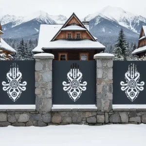 panel ogrodzeniowy z metalu z wyciętym wzorem inspirowanym góralskim ornamentem, czarny panel na kamiennym murku