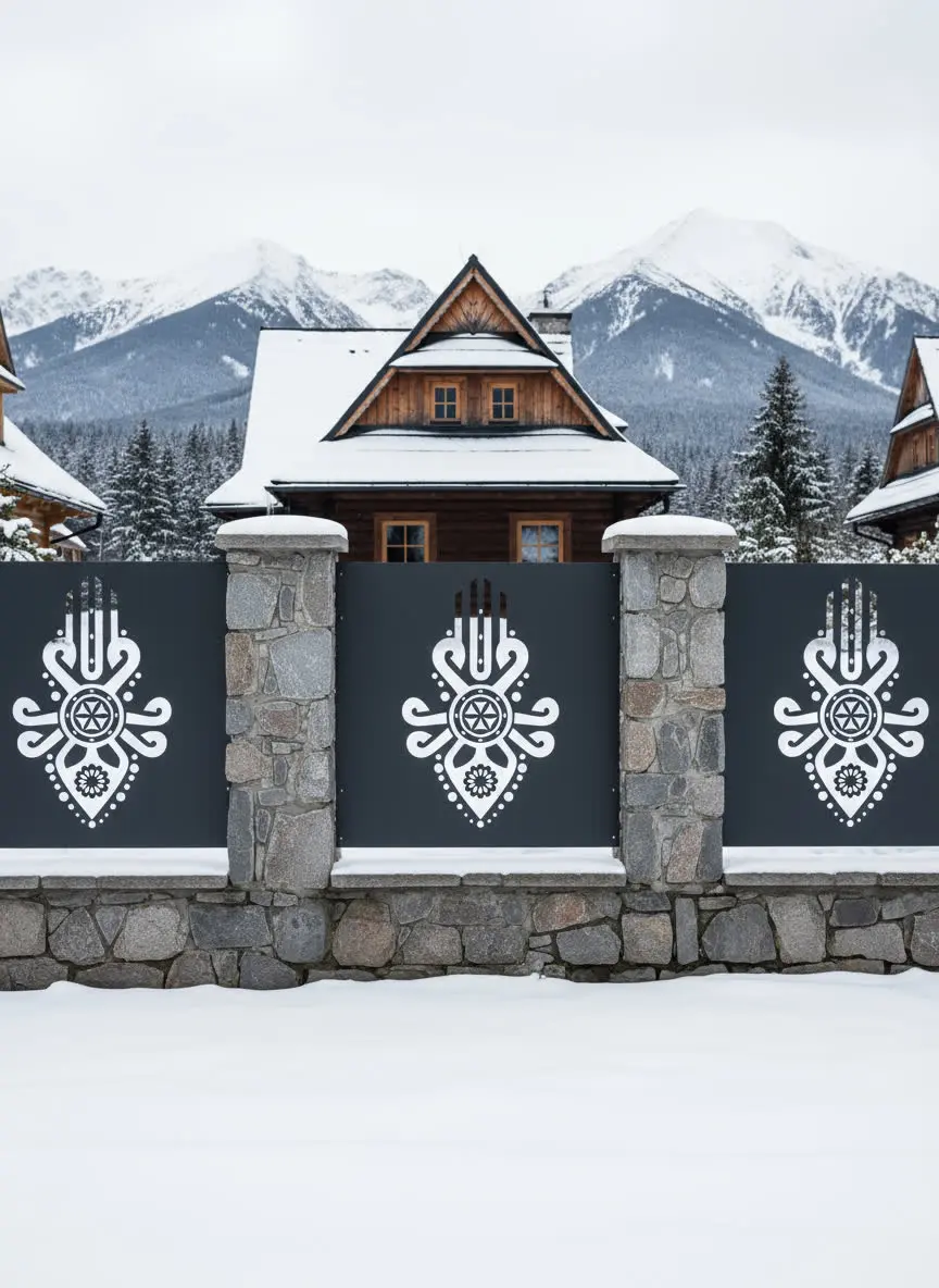 panel ogrodzeniowy z metalu z wyciętym wzorem inspirowanym góralskim ornamentem, czarny panel na kamiennym murku