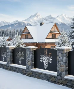 panel ogrodzeniowy z metalu z ażurowym wzorem inspirowanym Tatrami, czarny panel zamontowany na kamiennym murku