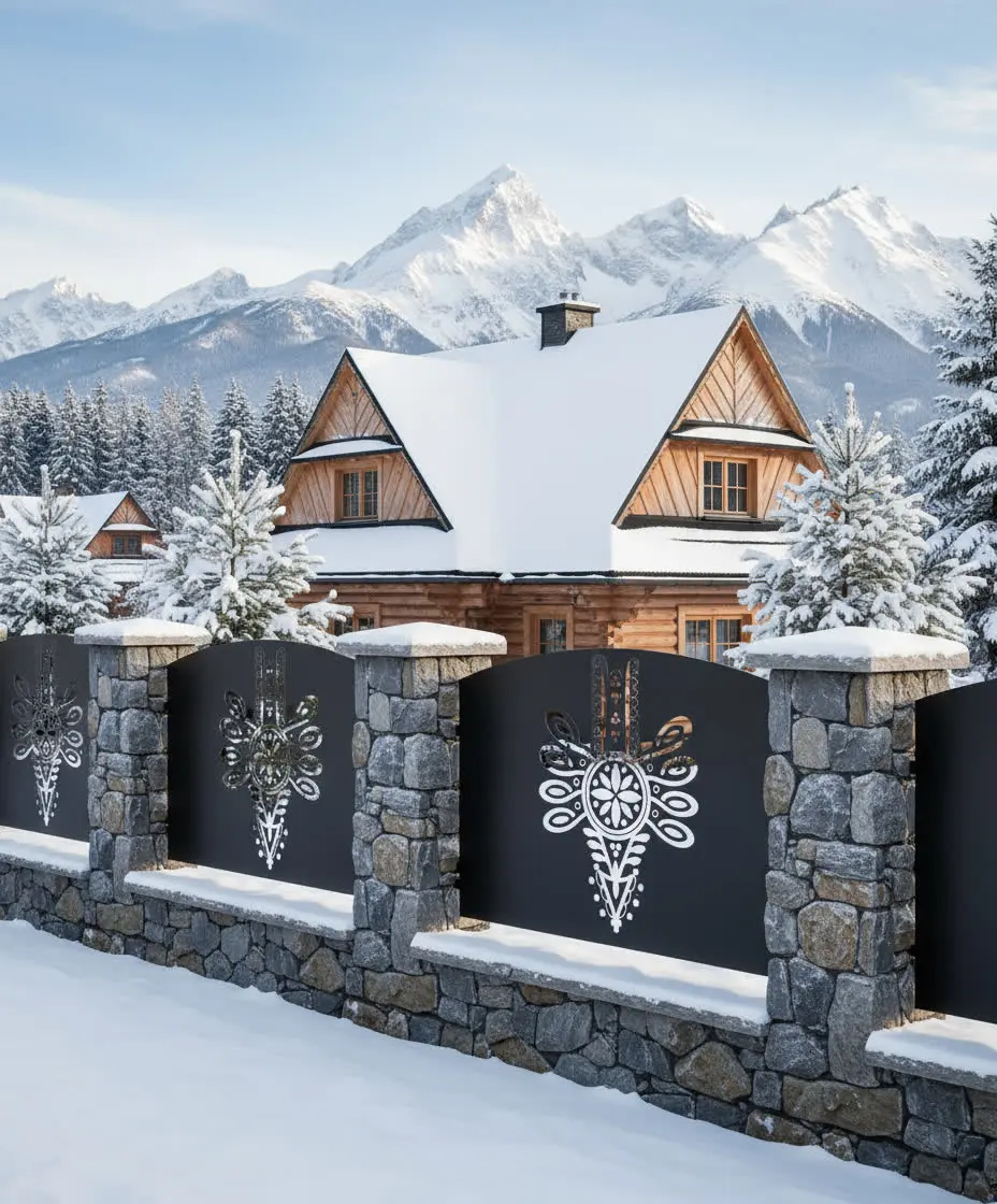 panel ogrodzeniowy z metalu z ażurowym wzorem inspirowanym Tatrami, czarny panel zamontowany na kamiennym murku