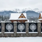 panel ogrodzeniowy z metalu z symetrycznym wzorem inspirowanym sztuką Podhala, czarny panel na kamiennym murku