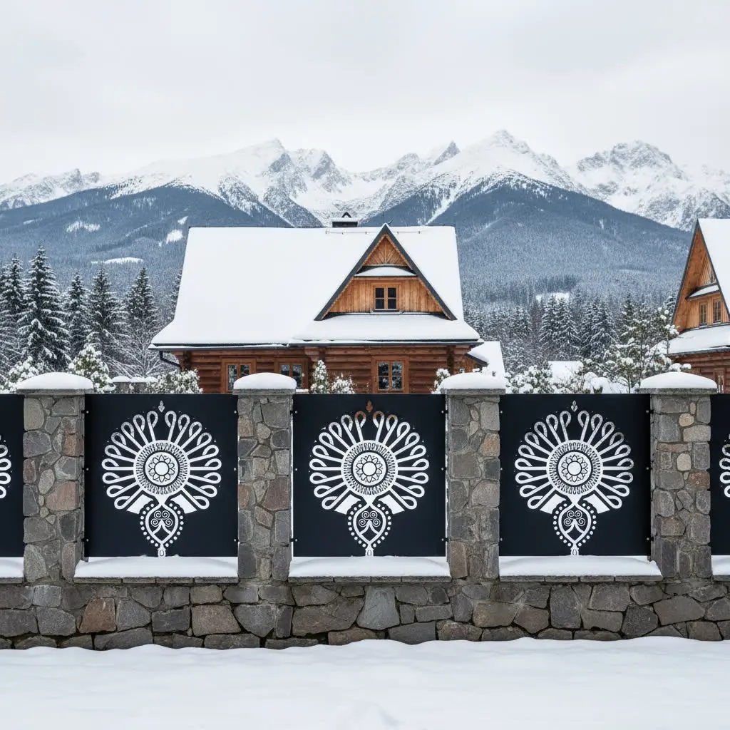 panel ogrodzeniowy z metalu z symetrycznym wzorem inspirowanym sztuką Podhala, czarny panel na kamiennym murku