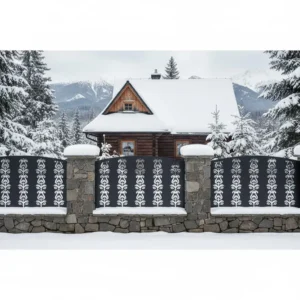 metalowy panel ogrodzeniowy z bogato zdobionym wzorem parzenicy, czarny panel w stylu podhalańskim