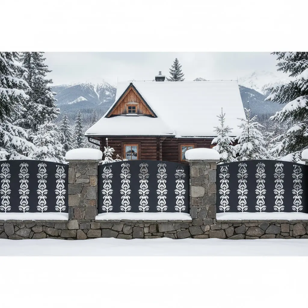 metalowy panel ogrodzeniowy z bogato zdobionym wzorem parzenicy, czarny panel w stylu podhalańskim