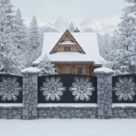 metalowy panel ogrodzeniowy z ludowym ornamentem w stylu góralskim, czarny panel na kamiennym murku