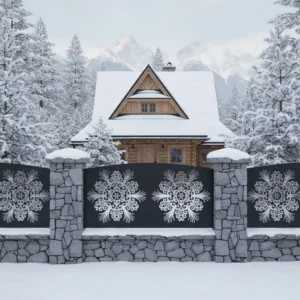 metalowy panel ogrodzeniowy z ludowym ornamentem w stylu góralskim, czarny panel na kamiennym murku