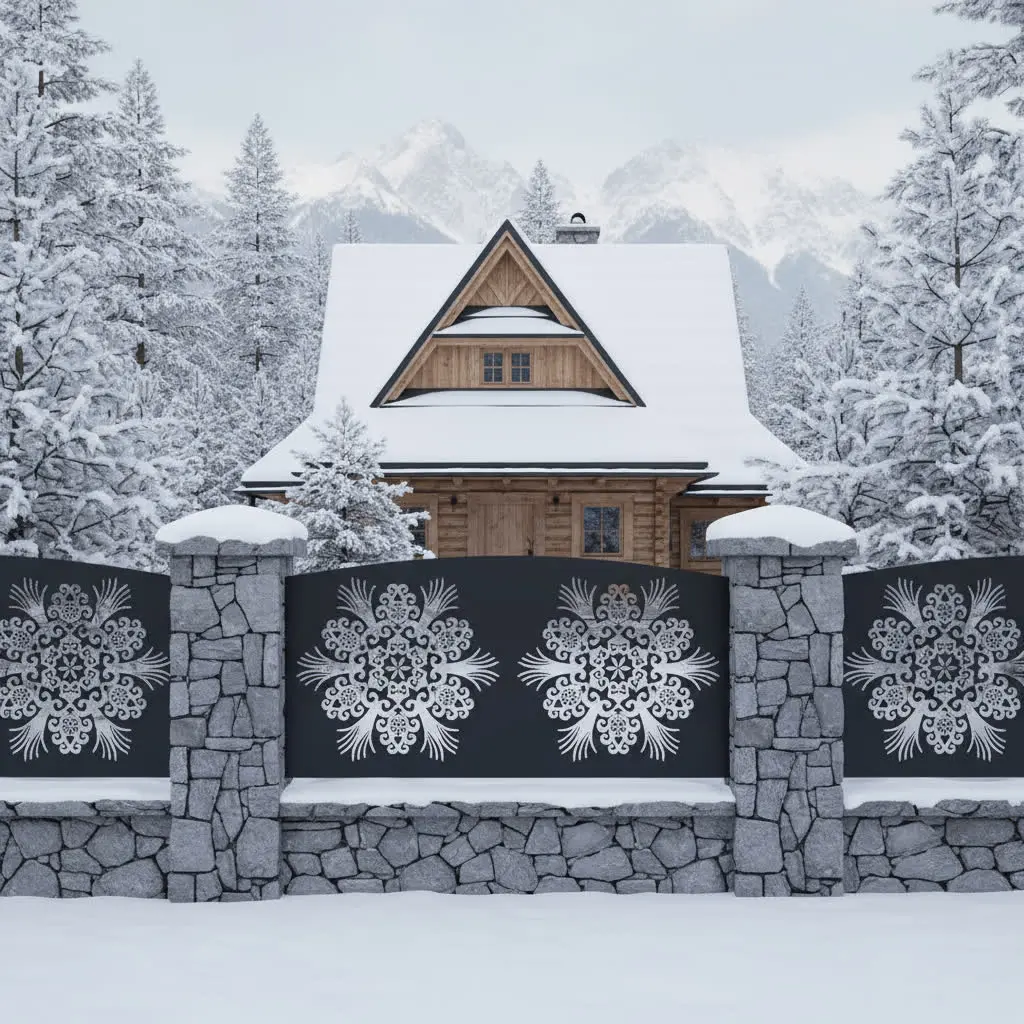 metalowy panel ogrodzeniowy z ludowym ornamentem w stylu góralskim, czarny panel na kamiennym murku