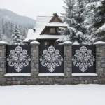 panel ogrodzeniowy z metalu z motywem gwiazdy inspirowanym sztuką Podhala, czarny panel na kamiennym murku