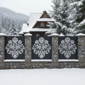 panel ogrodzeniowy z metalu z motywem gwiazdy inspirowanym sztuką Podhala, czarny panel na kamiennym murku