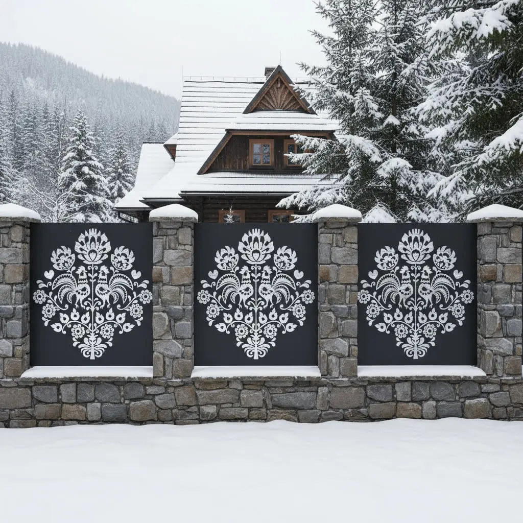 panel ogrodzeniowy z metalu z motywem gwiazdy inspirowanym sztuką Podhala, czarny panel na kamiennym murku