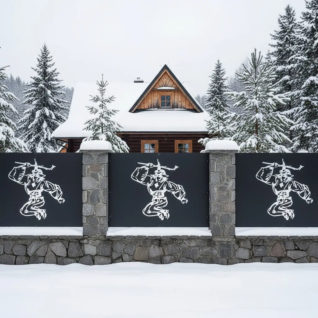 panel ogrodzeniowy z metalu z dynamicznym góralskim wzorem, czarny panel z ażurowym wycięciem na kamiennym murku