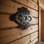 Metalowy wieszak ścienny w kształcie góralskiego serca, zamontowany na drewnianej ścianie w stylu podhalańskim.