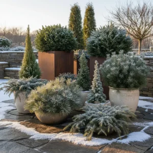 Mrozoodporne krzewy iglaste w donicach na tarasie zimą – sosny, świerki, jałowce i tuje w ozdobnych pojemnikach ogrodowych.