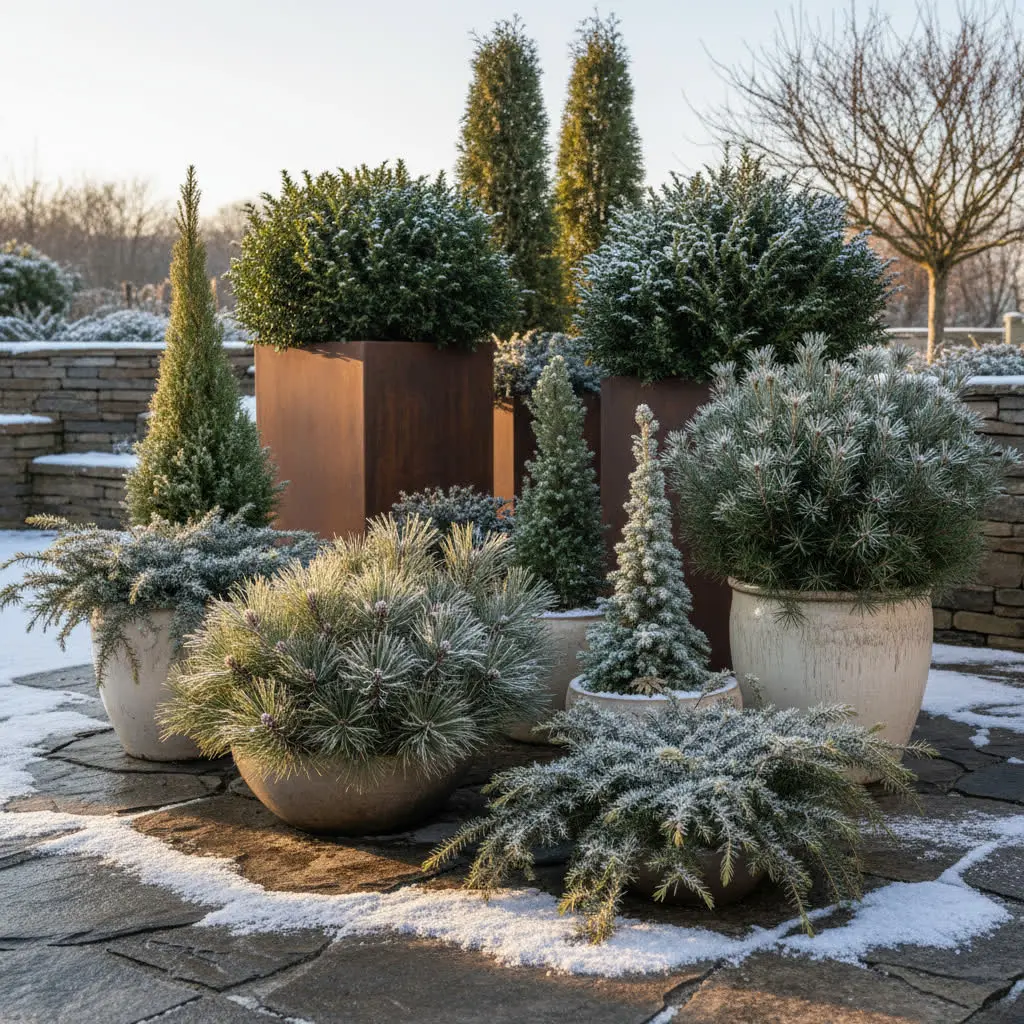 Mrozoodporne krzewy iglaste w donicach na tarasie zimą – sosny, świerki, jałowce i tuje w ozdobnych pojemnikach ogrodowych.