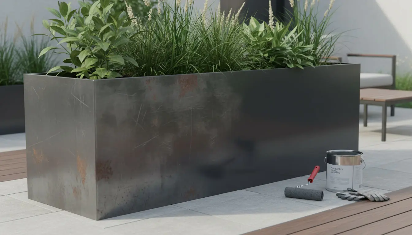 Metalowa donica ogrodowa przed i po zabezpieczeniu antykorozyjnym