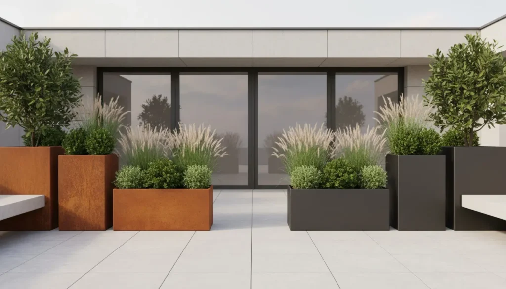 Donice corten i donice malowane proszkowo ustawione obok siebie na tarasie