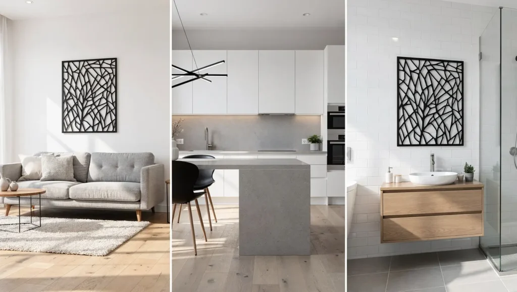 Metalowe dekoracje ścienne w salonie, kuchni i łazience – nowoczesne wnętrza bez śladów rdzy