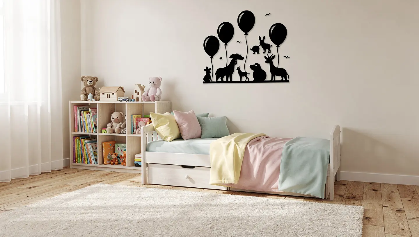 Metalowa dekoracja ścienna nad łóżkiem w pokoju dziecięcym