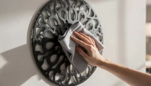 Czyszczenie metalowej dekoracji ściennej miękką ściereczką, aby zapobiec rdzewieniu