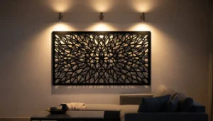 Oświetlona metalowa dekoracja ścienna w salonie z kinkietami nad nią