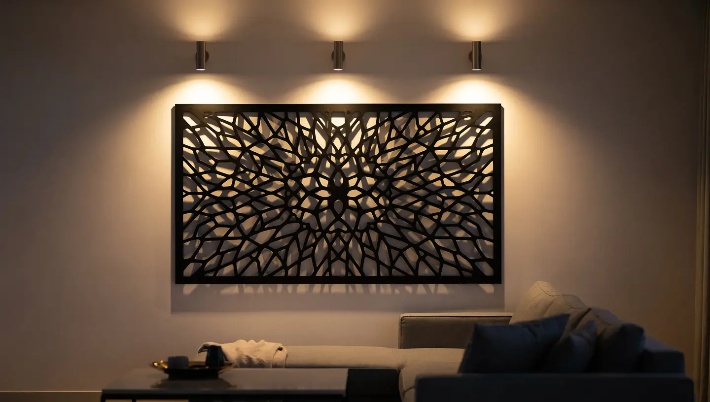 Oświetlona metalowa dekoracja ścienna w salonie z kinkietami nad nią