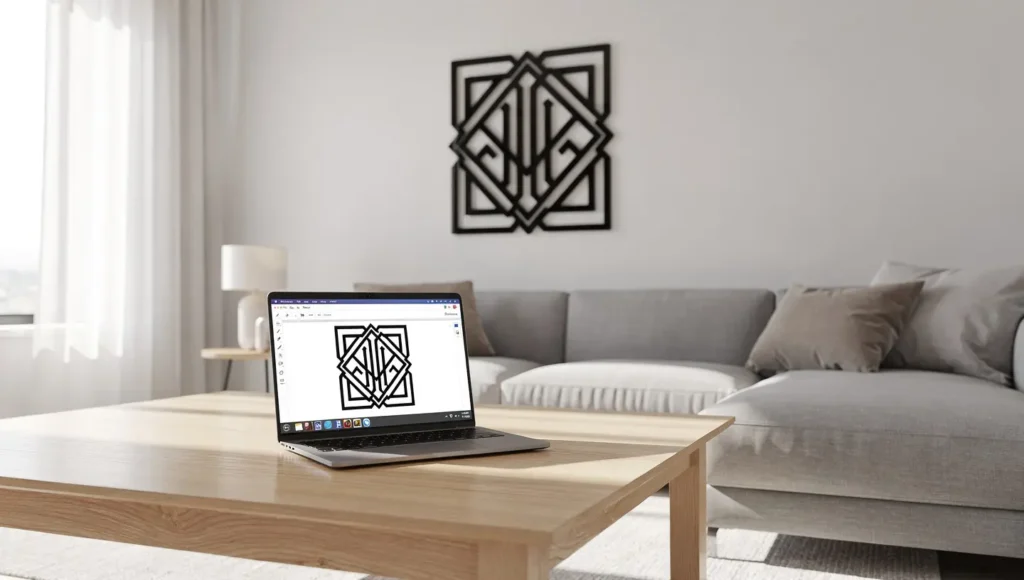 Projekt metalowej dekoracji ściennej na laptopie i gotowa dekoracja na ścianie w salonie