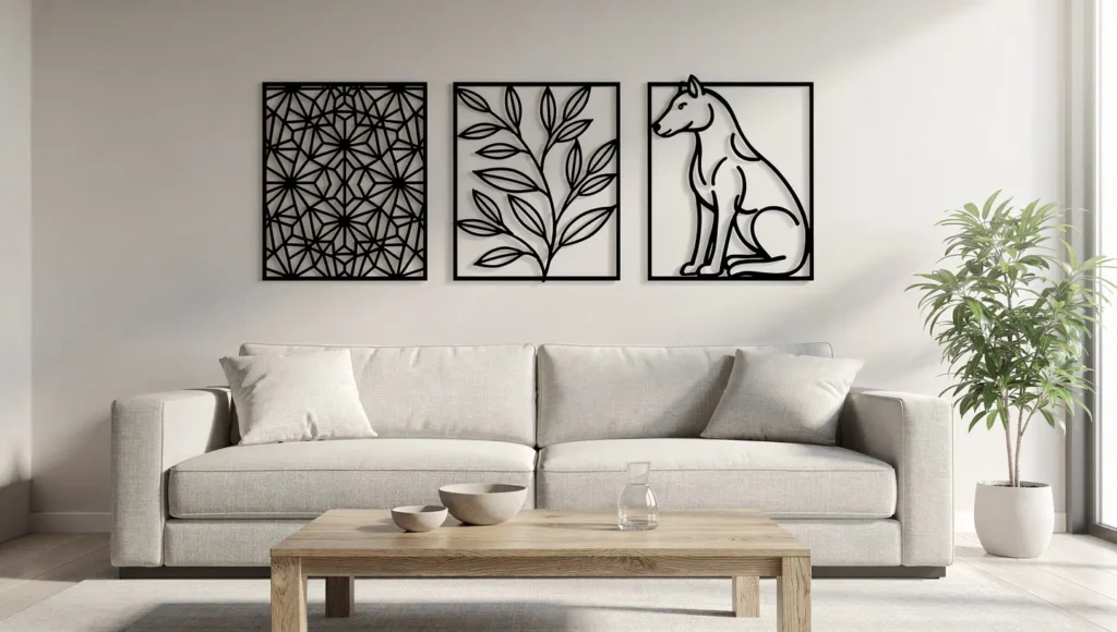 Geometryczne, roślinne i zwierzęce metalowe dekoracje ścienne w nowoczesnym salonie