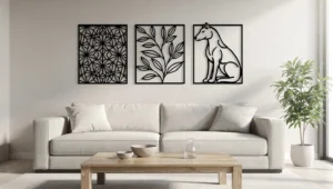 Geometryczne, roślinne i zwierzęce metalowe dekoracje ścienne w nowoczesnym salonie
