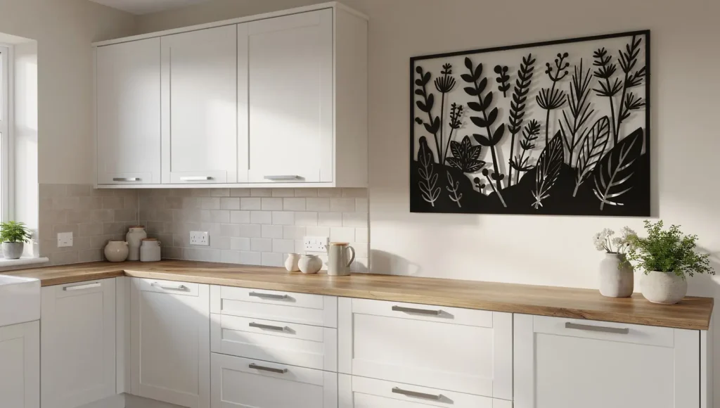 Metalowa dekoracja ścienna w nowoczesnej jasnej kuchni nad blatem