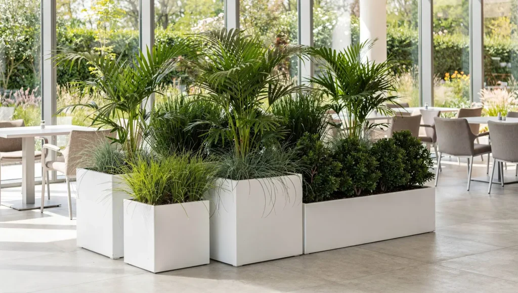 Białe donice metalowe w nowoczesnym jasnym wnętrzu przy wyjściu na taras