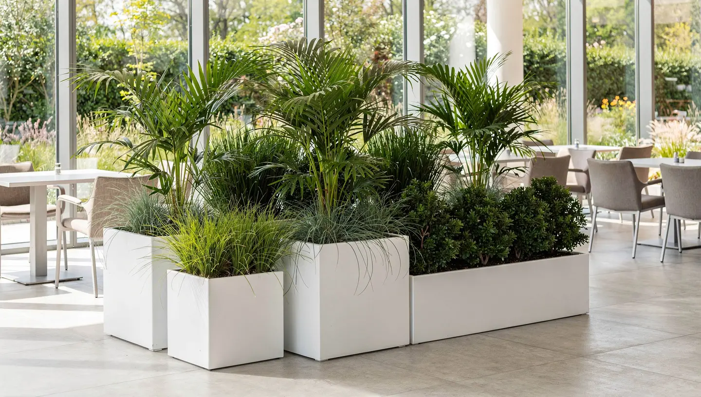 Białe donice metalowe w nowoczesnym jasnym wnętrzu przy wyjściu na taras