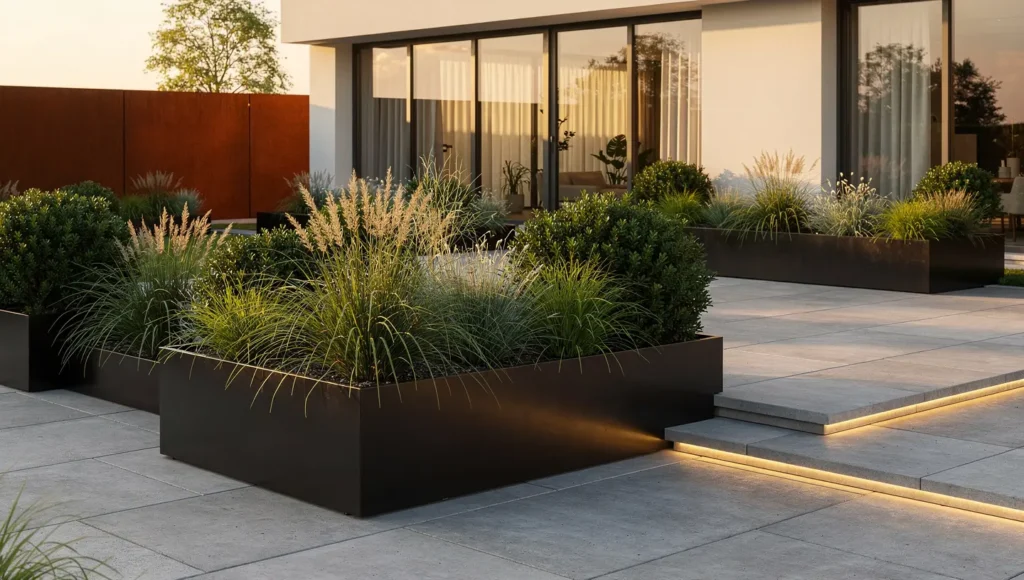 Czarne donice metalowe w nowoczesnym ogrodzie z betonem i cortenem