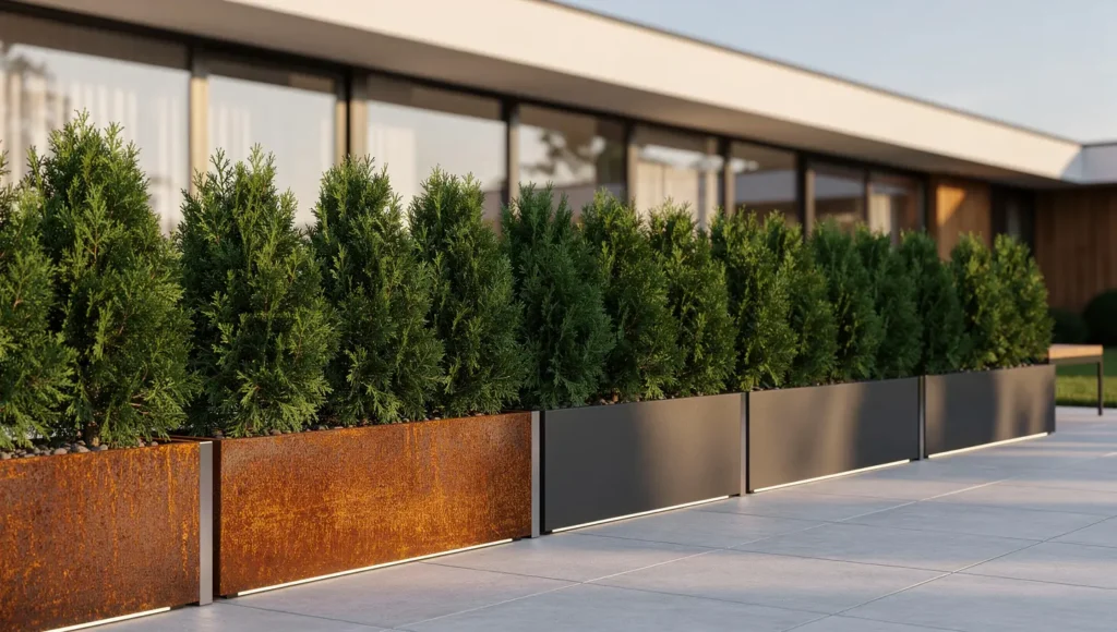 Rząd tui w nowoczesnych donicach metalowych tworzących zieloną ścianę na tarasie