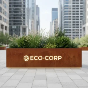 Prostokątna donica LED z cortenu z podświetlanym logo na placu przed biurowcem