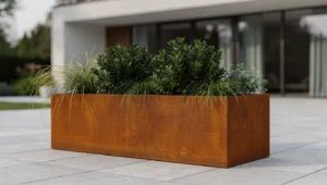 Zadbana donica corten na tarasie z równą patyną i czystym podłożem