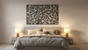 Metalowa dekoracja ścienna nad łóżkiem w nowoczesnej sypialni