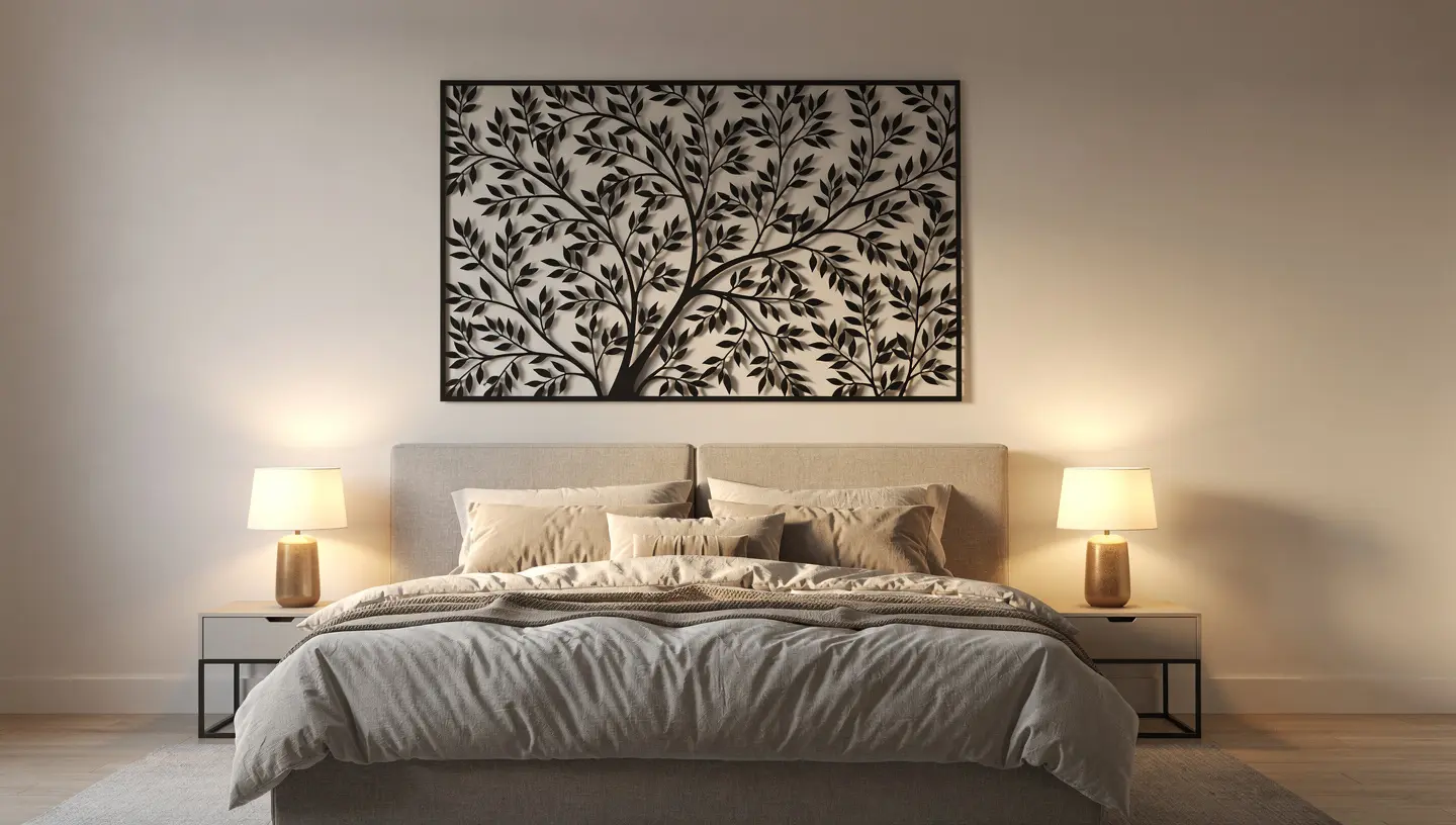 Metalowa dekoracja ścienna nad łóżkiem w nowoczesnej sypialni