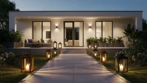 Metalowe lampiony w ogrodzie, na tarasie i przy wejściu do domu oświetlające ścieżkę ciepłym światłem.